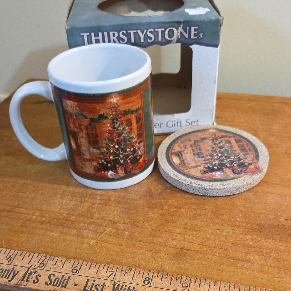 Thirstystone Holiday Mug and Sandstone Coaster Set with Christmas Tree Design